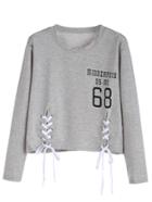 Romwe Light Grey Number Print Lace Up Front Crop T-shirt