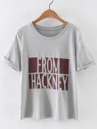 Romwe Grey Short Sleeve Roll Cuff Letters Print T-shirt