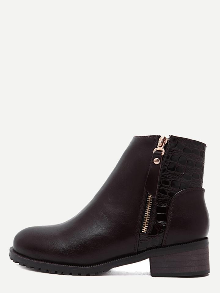 Romwe Coffee Faux Leather Croc Embellished Ankle Booties