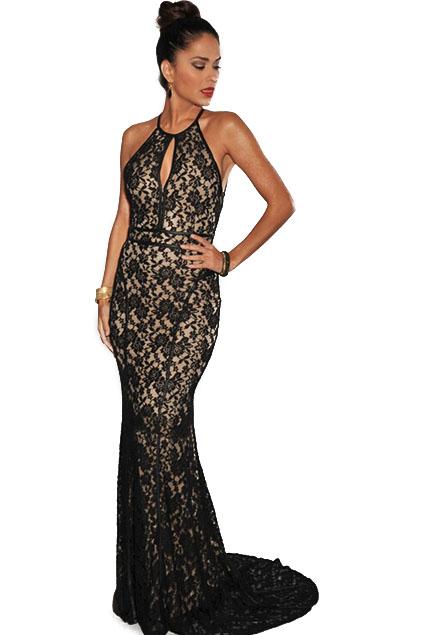 Romwe Lace Backless Bodycon Full Dress