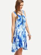 Romwe Blue Sleeveless Ikat Print Shift Dress