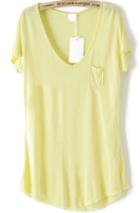 Romwe V Neck With Pocket Yellow T-shirt