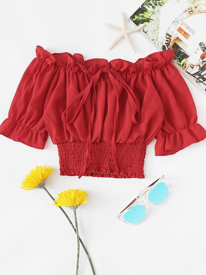 Romwe Off Shoulder Ruffle Trim Tie Neck Top
