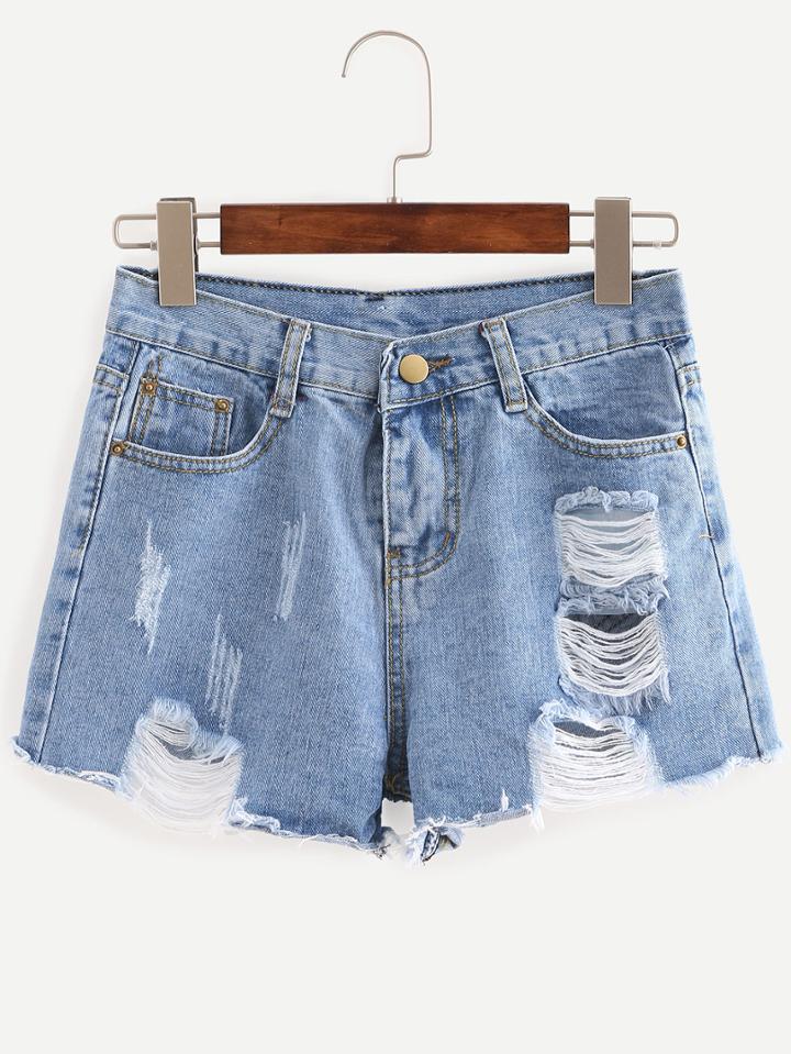 Romwe Ripped Raw Hem Light Blue Denim Shorts