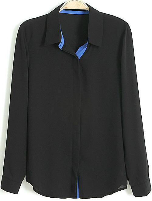 Romwe Lapel With Buttons Chiffon Black Blouse