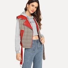 Romwe Fringe Trim Belted Hem Plaid Sleeveless Jacket