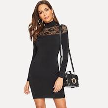 Romwe Mock-neck Lace Yoke Pencil Dress