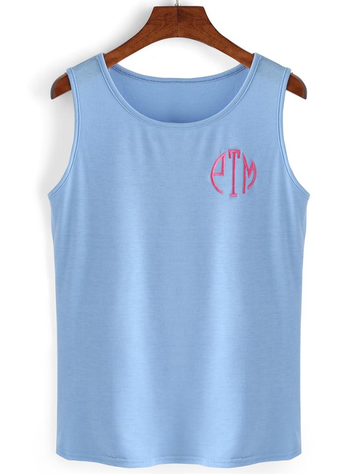 Romwe Blue Embroidered Tank Top