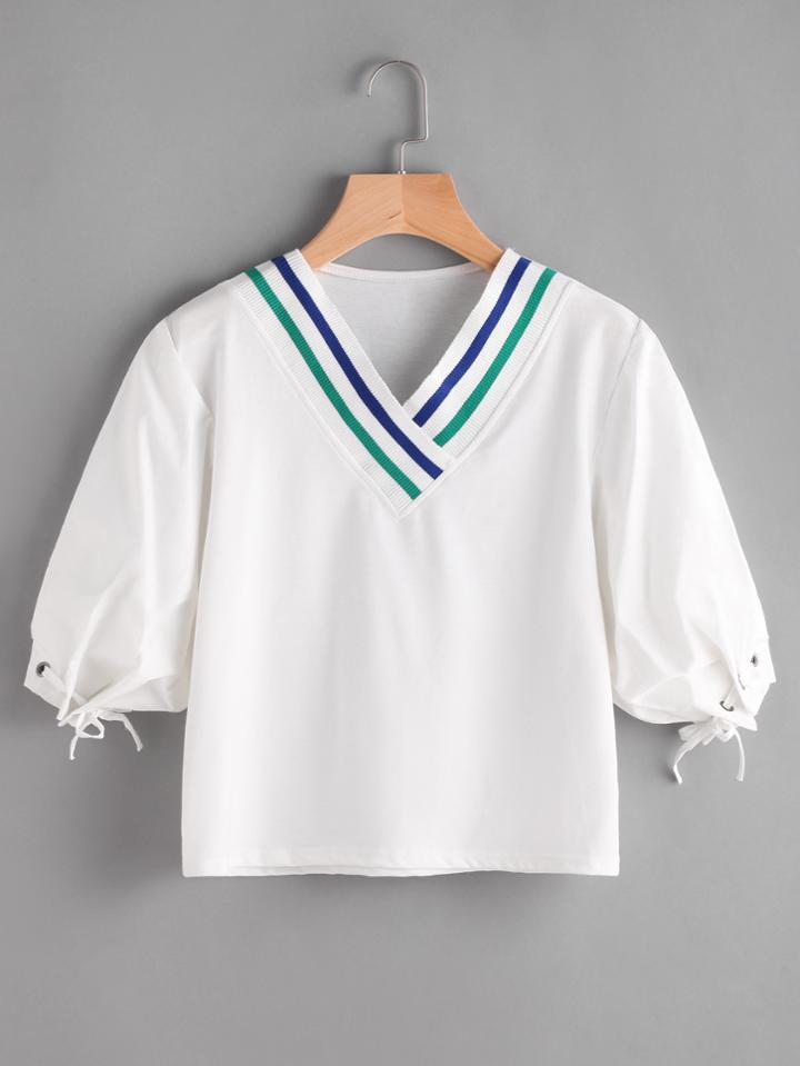 Romwe Contrast Striped Trim Eyelet Tie Lantern Sleeve Top