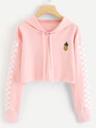 Romwe Pineapple Embroidered Gingham Crop Hoodie