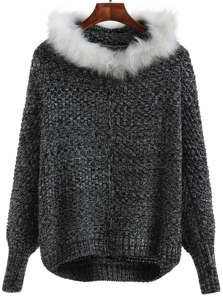 Romwe Hooded Faux Fur Black Coat With Zipper