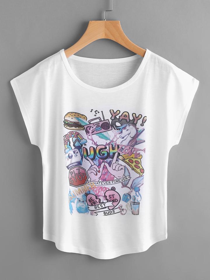 Romwe Dolman Sleeve Graffiti Print Tee