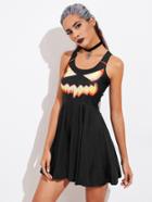 Romwe Halloween Pumpkin Print Fit & Flare Dress