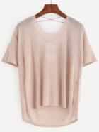 Romwe Apricot Criss Cross Back Dip Hem Short Sleeve Sweater