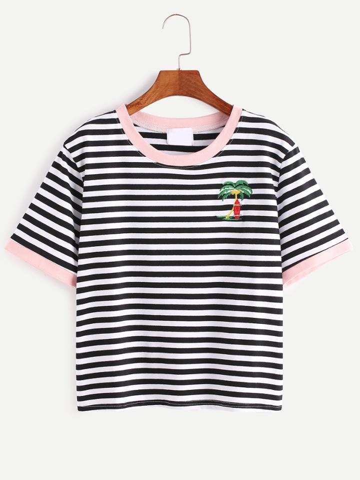 Romwe Contrast Trim Coconut Trees Embroidered Striped T-shirt
