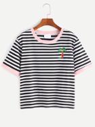 Romwe Contrast Trim Coconut Trees Embroidered Striped T-shirt