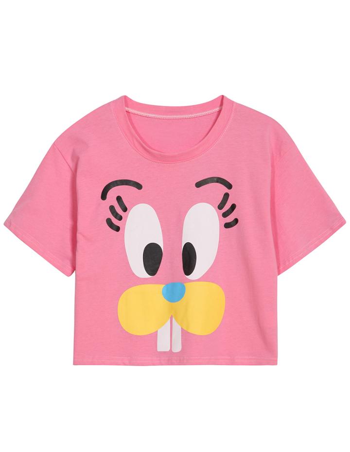 Romwe Cartoon Print Crop Pink T-shirt