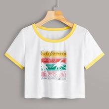 Romwe Tropical & Letter Print Piping Trim Tee