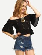 Romwe Black Off The Shoulder Lace Insert Peplum Top