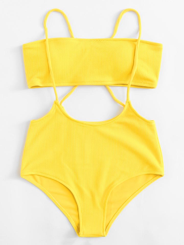 Romwe Cross Back Ribbed Two Piece Swimwear