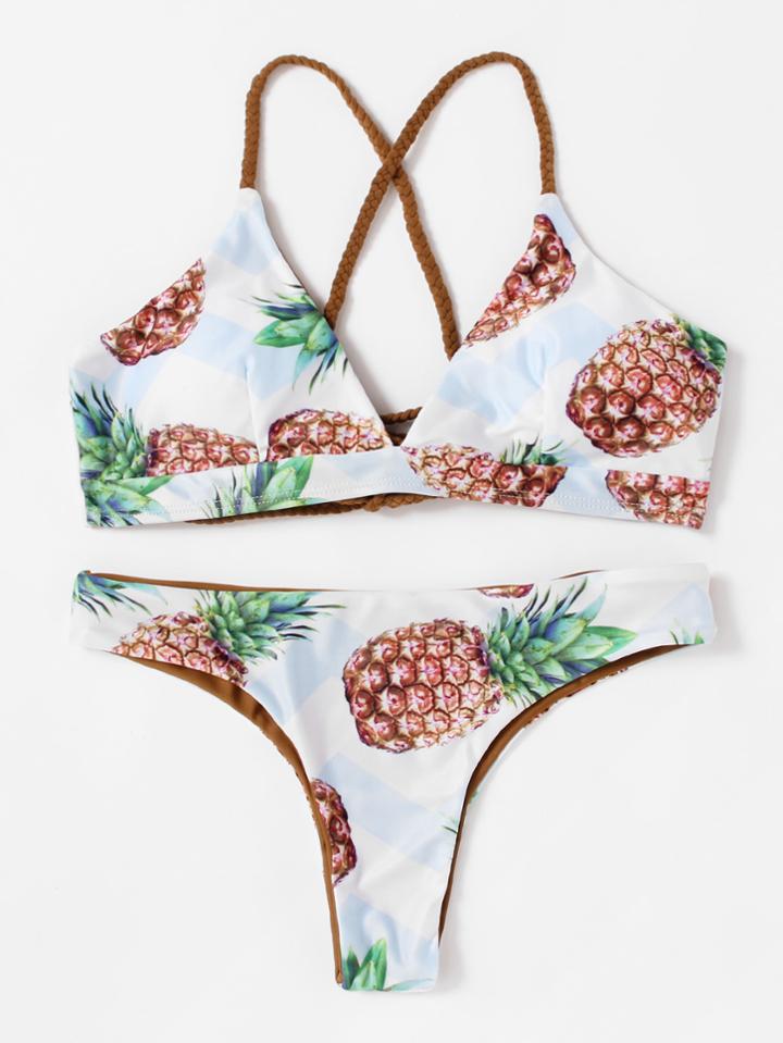 Romwe Pineapple Print Cross Back Bikini Set