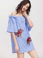 Romwe Blue Striped Off The Shoulder Bow Detail Embroidered Applique Dress