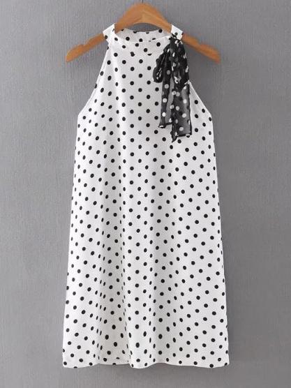 Romwe White Halter Polka Dot Tie Dress