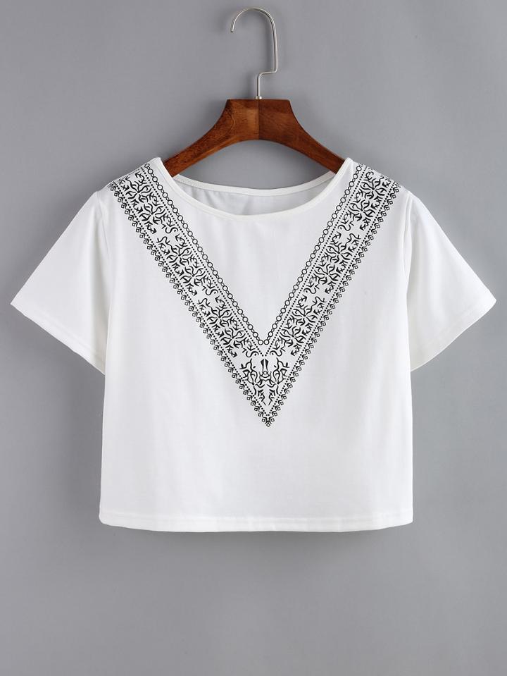 Romwe Vintage Print Crop White T-shirt