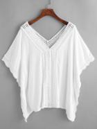 Romwe V Neckline Batwing Sleeve Asymmetric Hem Lace Trim Blouse