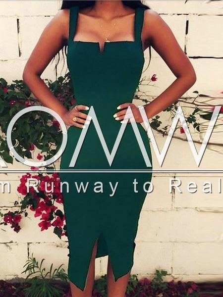 Romwe Green Strap Slit Front Sheath Dress