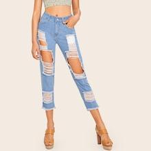 Romwe Light Wash Destroyed Ripped Raw Hem Jeans