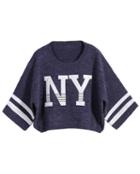 Romwe Ny Print Crop Knit Blue Sweater
