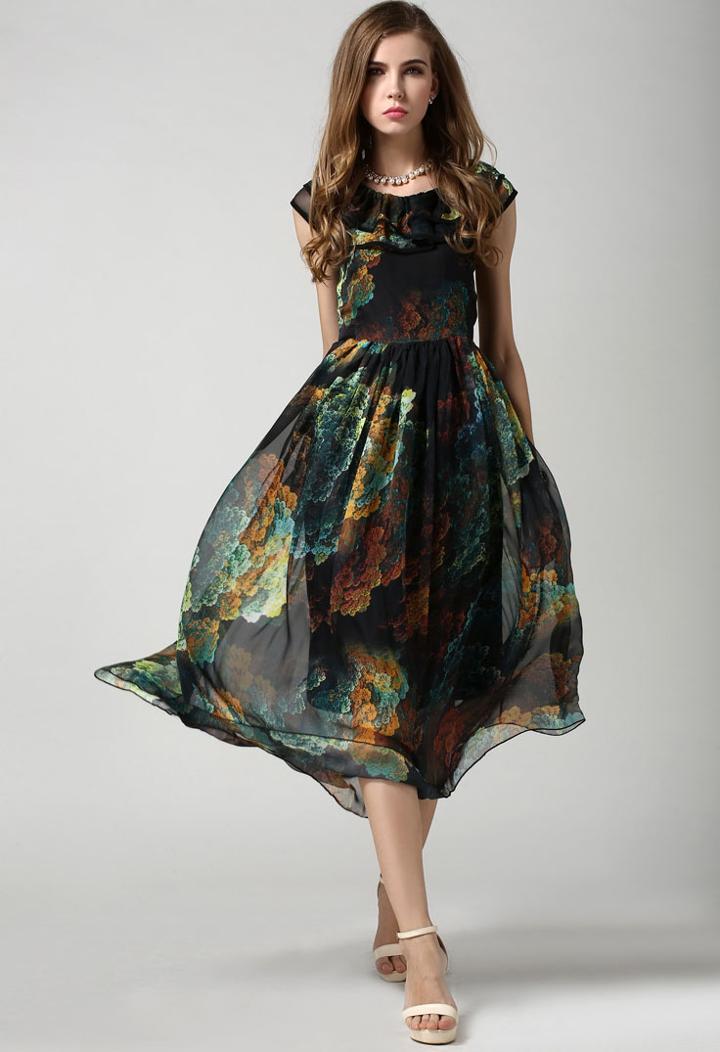 Romwe Vintage Florals Chiffon Pleated Dress