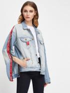 Romwe O-ring Letter Tape Detail Zipper Ripped Denim Jacket