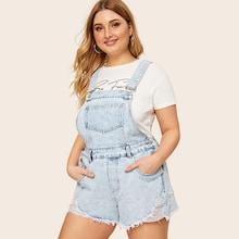 Romwe Plus Raw Hem Washed Denim Overalls