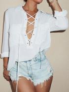 Romwe White Lapel Bandage Pockets Blouse