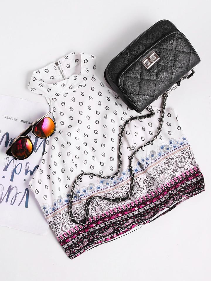 Romwe Printed Zip Up Back Top
