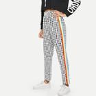 Romwe Houndstooth Striped Tape Side Pants