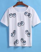 Romwe Round Neck Eyes Print White T-shirt