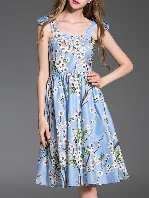 Romwe Blue Strap Floral A-line Dress