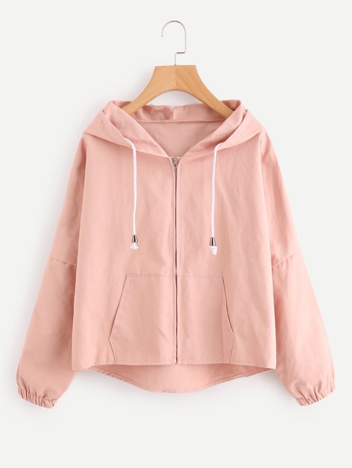 Romwe Smile Print Back Dip Hem Zip Up Jacket
