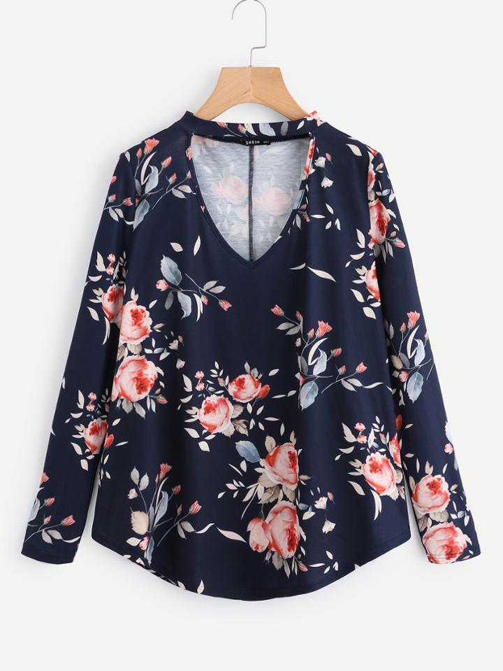 Romwe Flower Print Choker Neck Curved Tee
