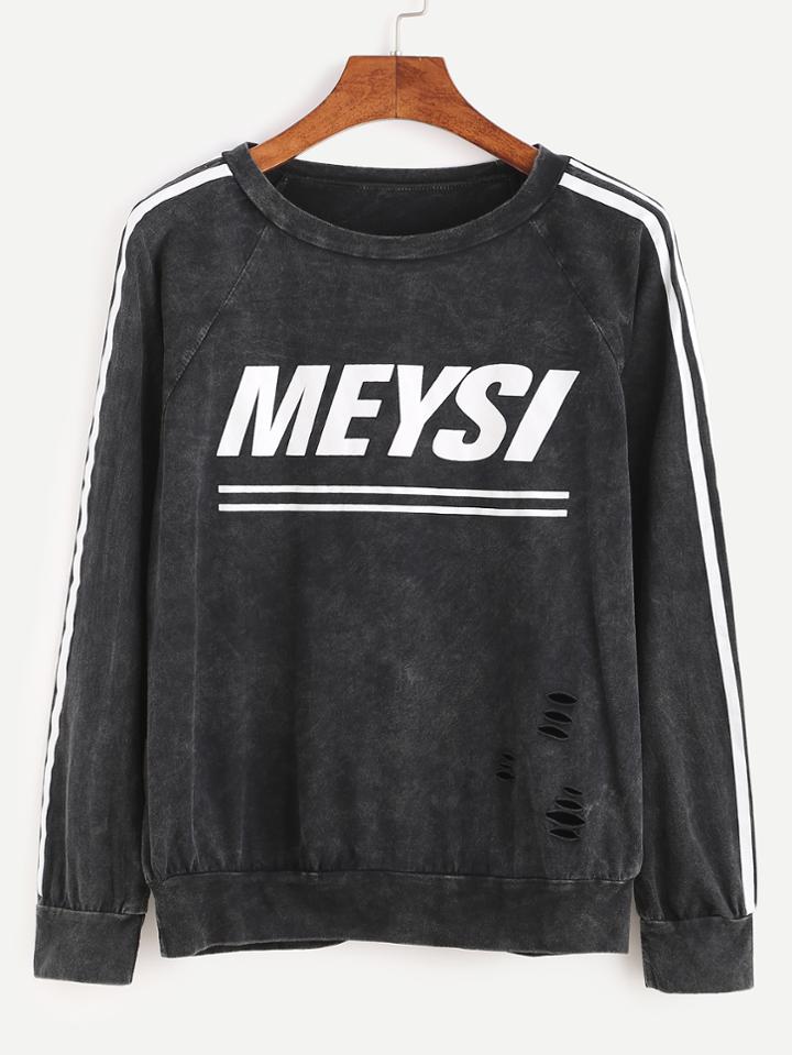 Romwe Letter Print Striped Raglan Sleeve Ripped Sweatshirt