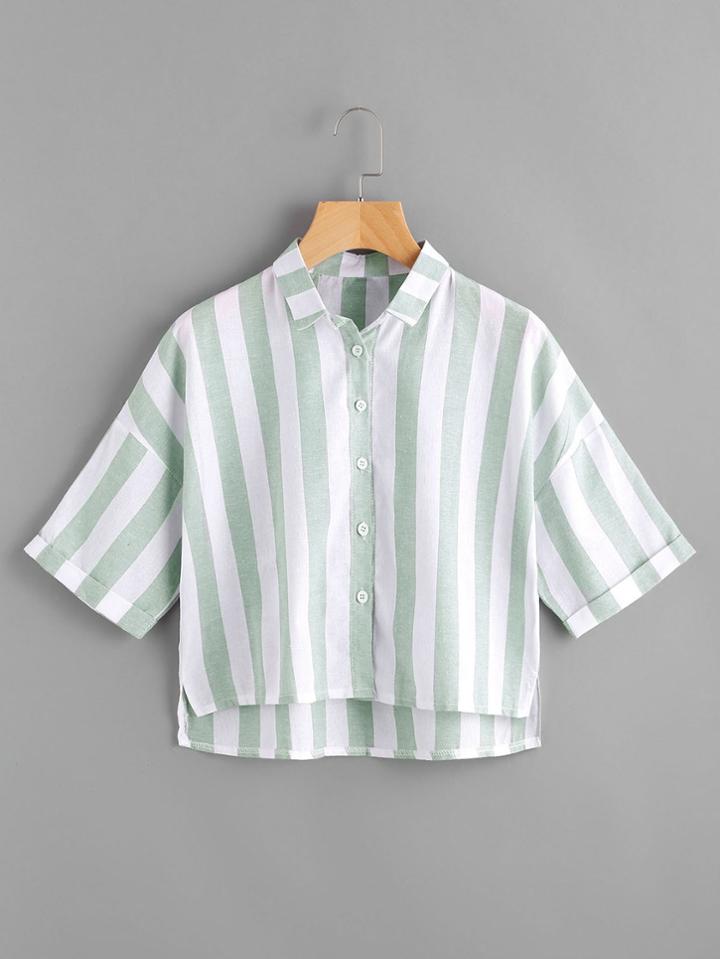 Romwe Dropped Shoulder Striped High Low Blouse