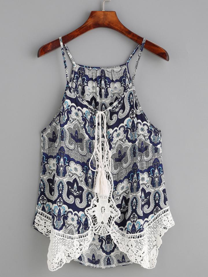 Romwe Navy Ornate Print Crochet Insert Cami Top