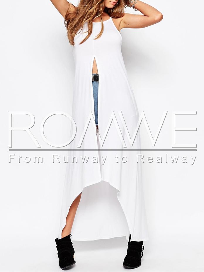Romwe White Spaghetti Strap Backless Split High Low T-shirt