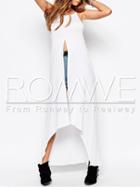 Romwe White Spaghetti Strap Backless Split High Low T-shirt