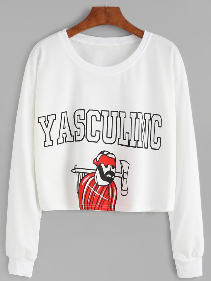 Romwe White Printed Crop Long Sleeve Sweatshirt