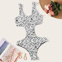Romwe Damask Print Cutout Monokini