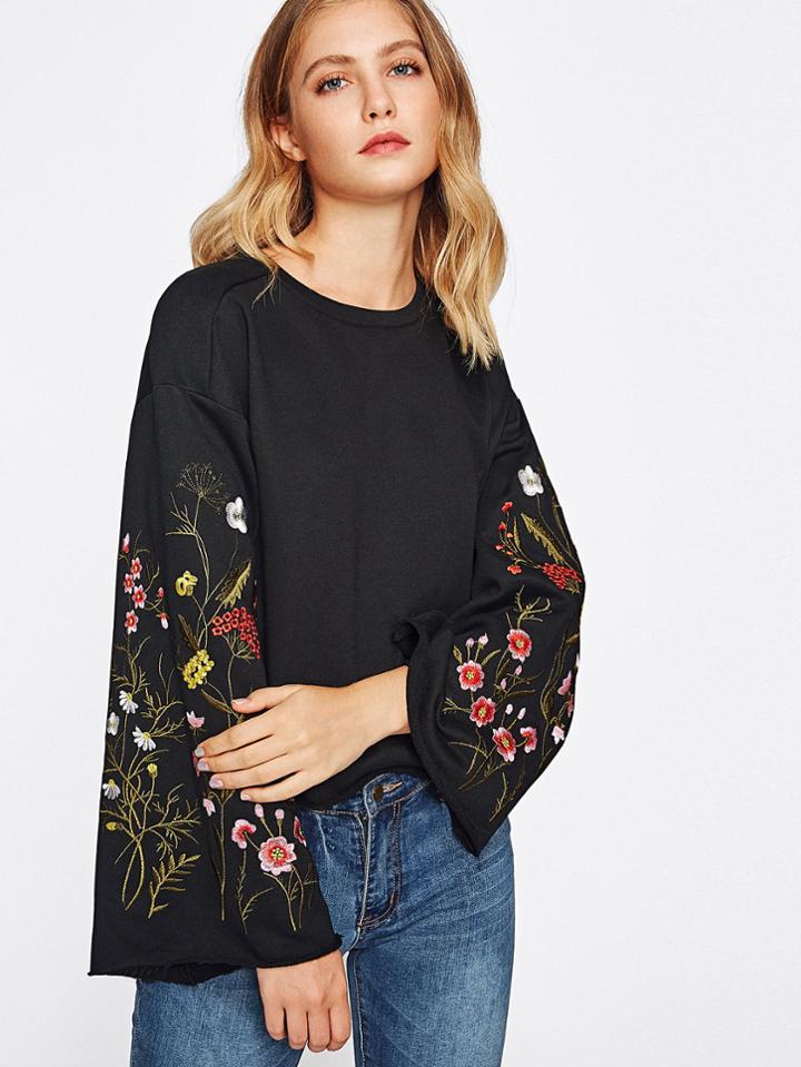 Romwe Embroidered Fluted Sleeve Raw Edge Sweatshirt